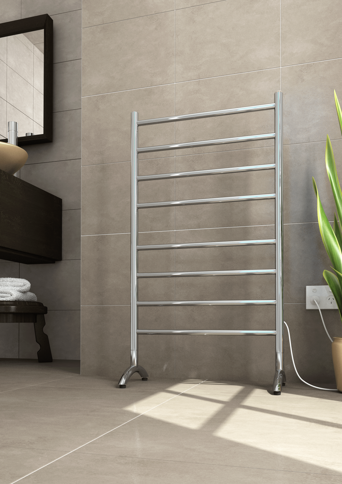 THERMOGROUP FS66E STRAIGHT ROUND FREE-STANDING HEATED TOWEL RAIL POLISHED STAINLESS STEEL