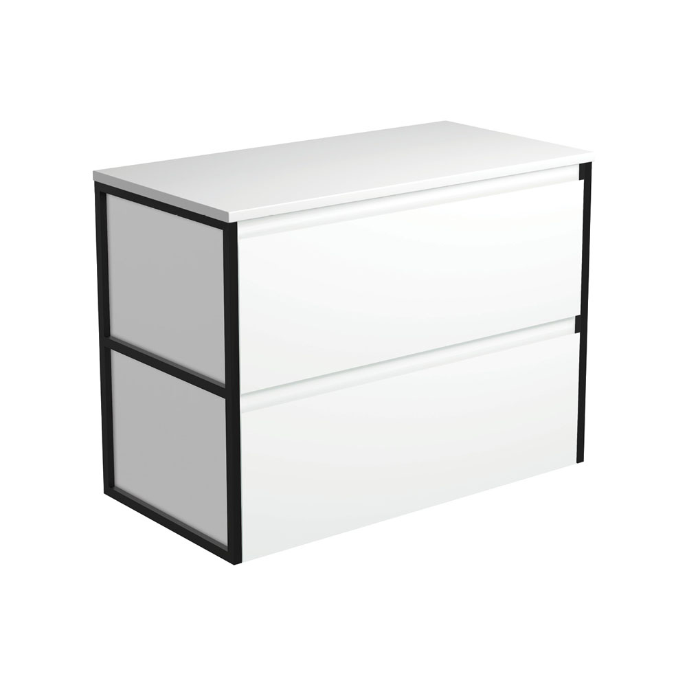 FIENZA 90BWF AMATO WALL HUNG VANITY 900 SATIN WHITE WITH MATTE BLACK FRAME