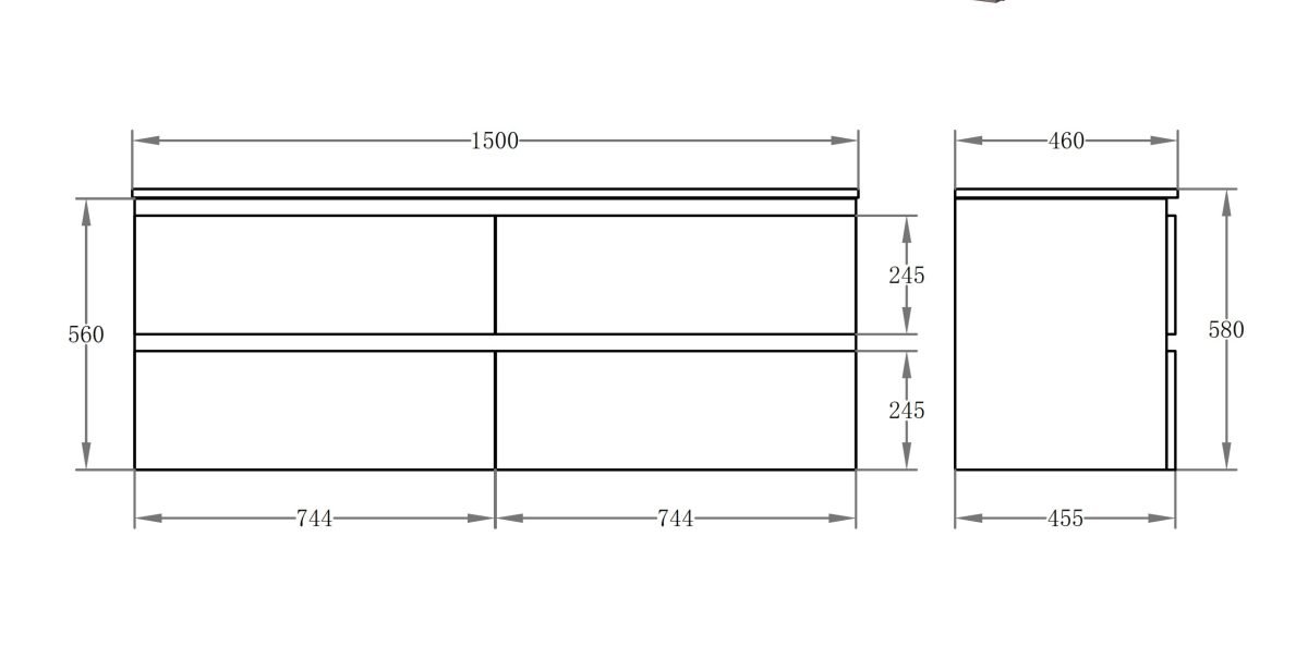 POSEIDON RIVA1500W RIVA WALL HUNG VANITY FOUR DRAWERS 1500x455x560MM CABINET ONLY GLOSS WHITE