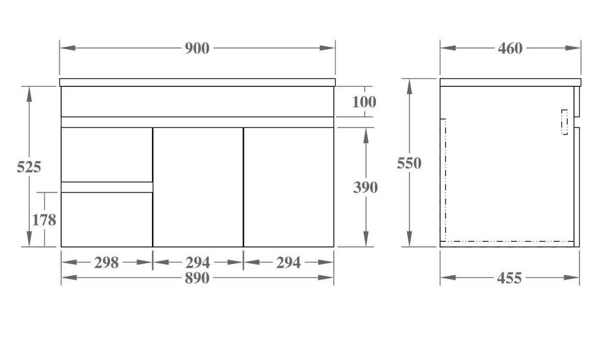 POSEIDON EV94LWH-OAK EVIE PVC WALL HUNG VANITY LEFT SIDE DRAWERS 900*555*460MM CABINET ONLY OAK