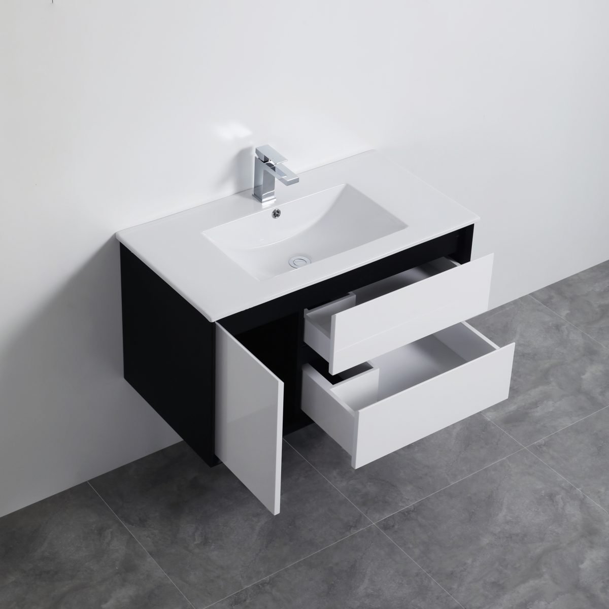 POSEIDON PE900WH PETRA WALL HUNG VANITY RIGHT SIDE DRAWERS 890*455*525MM CABINET ONLY MATTE WHITE & BLACK