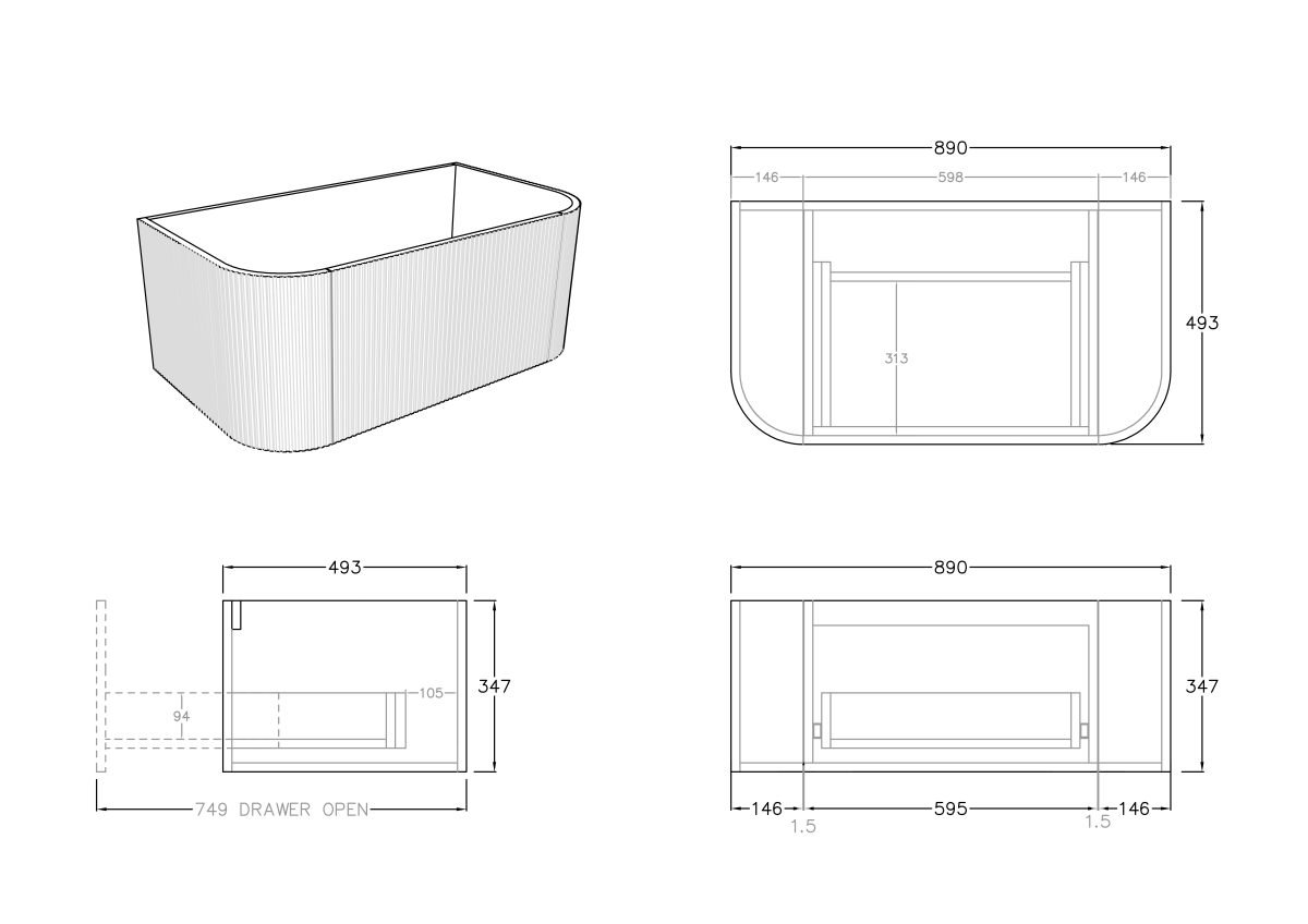 POSEIDON KC95W BRONTE CURVED WALL HUNG VANITY CABINET ONLY