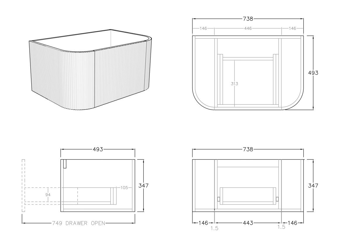 POSEIDON KC75W BRONTE CURVED WALL HUNG VANITY CABINET ONLY