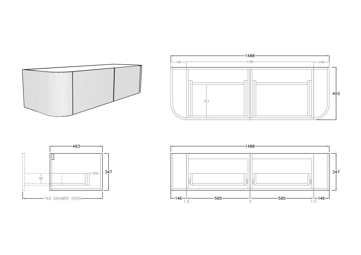 POSEIDON KC155W BRONTE CURVED WALL HUNG VANITY CABINET ONLY