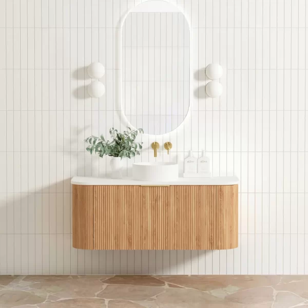 OTTI BOW1200L BONDI FLUTED CURVE WALL HUNG VANITY 1200 CABINET ONLY WOODLAND OAK