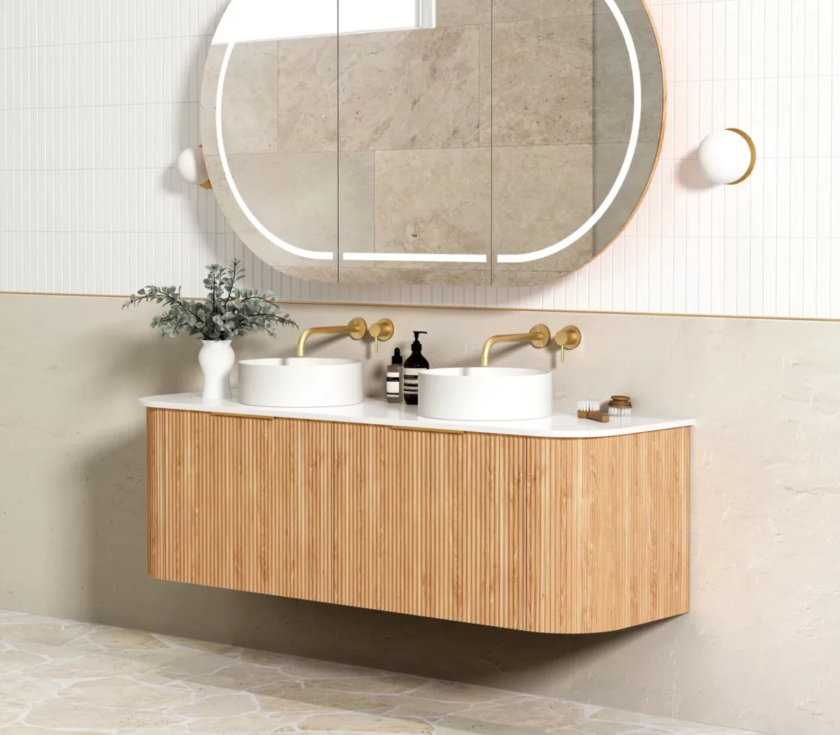 OTTI BOW1500L BONDI FLUTED CURVE WALL HUNG VANITY 1500 CABINET ONLY WOODLAND OAK