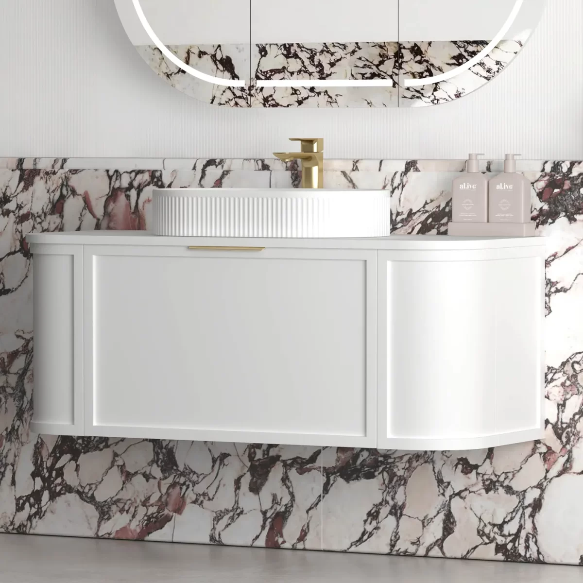 OTTI BOH1200W HAMPSHIRE CURVE WALL HUNG VANITY 1200 CABINET ONLY SATIN WHITE