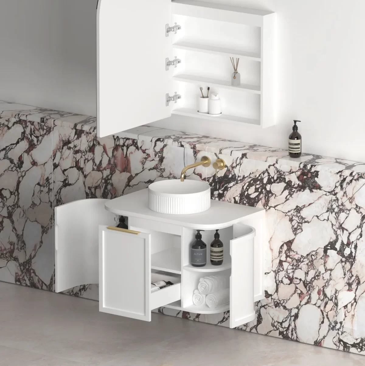 OTTI BOH750W HAMPSHIRE CURVE WALL HUNG VANITY 750 CABINET ONLY SATIN WHITE