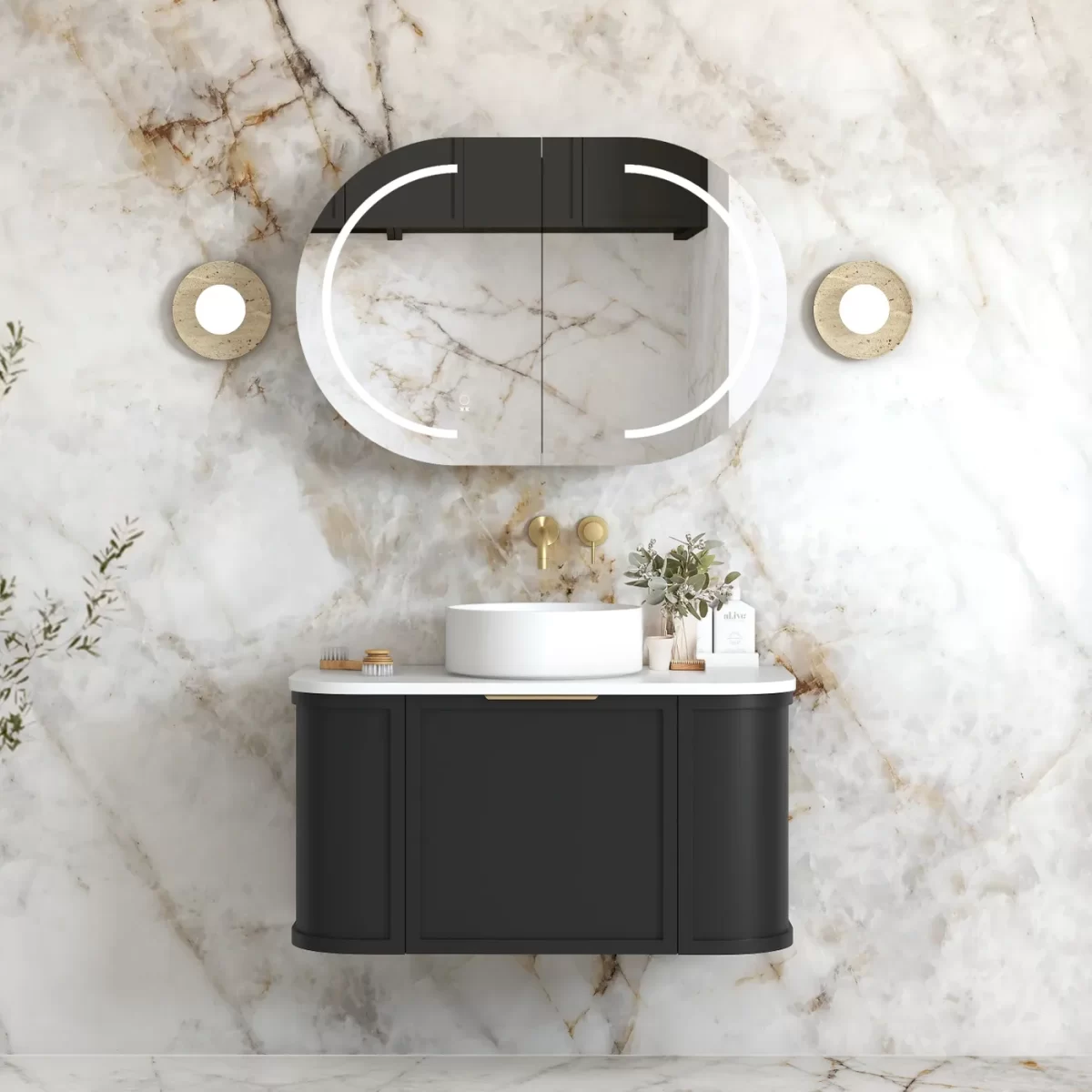 OTTI BOH900B HAMPSHIRE CURVE WALL HUNG VANITY 900 CABINET ONLY SATIN BLACK