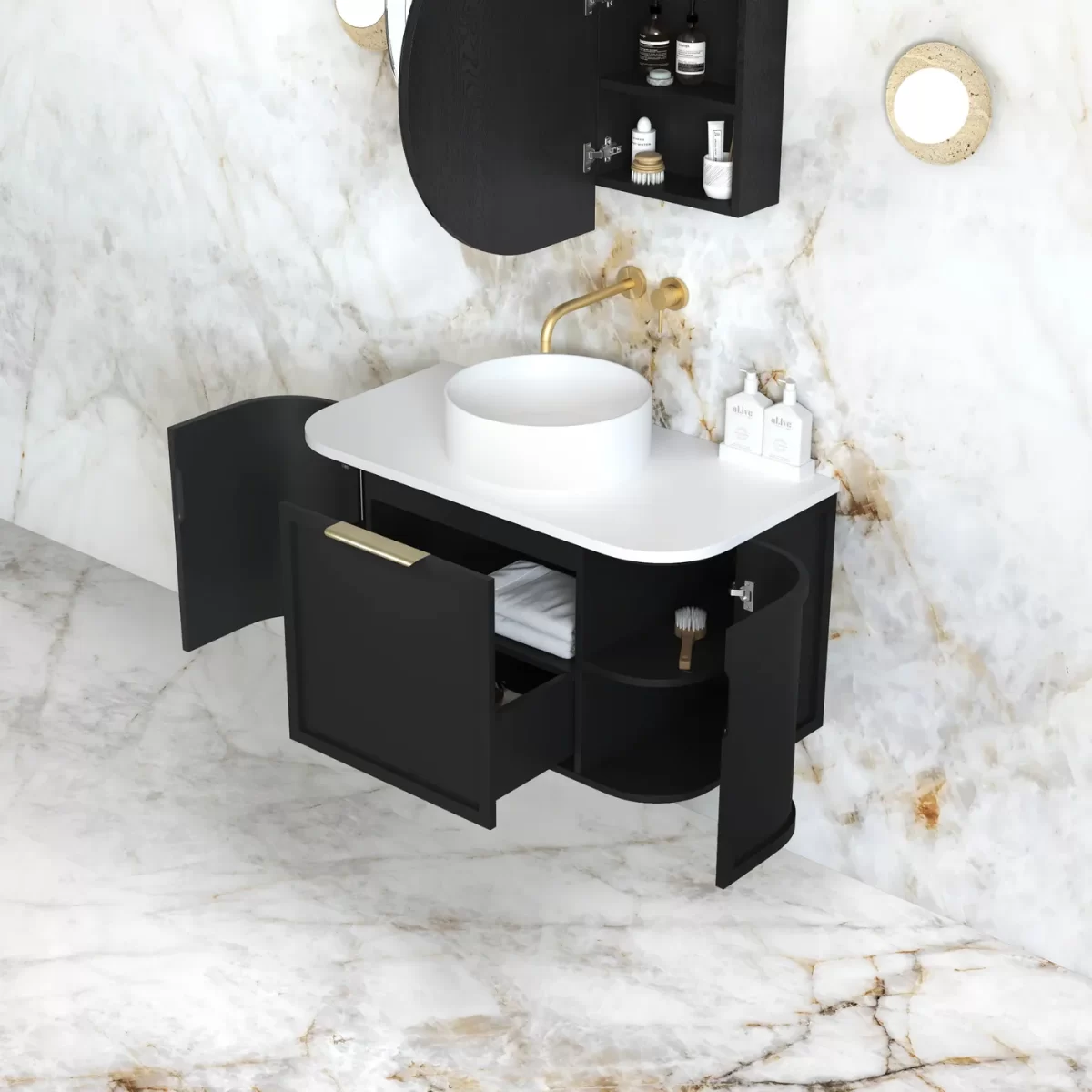 OTTI BOH900B HAMPSHIRE CURVE WALL HUNG VANITY 900 CABINET ONLY SATIN BLACK