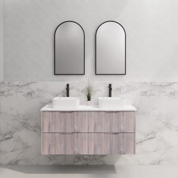 ABS RIVA WH1200D-WO BALI FLUTED WALL HUNG VANITY 1200MM DOUBLE BOWL WHITE OAK